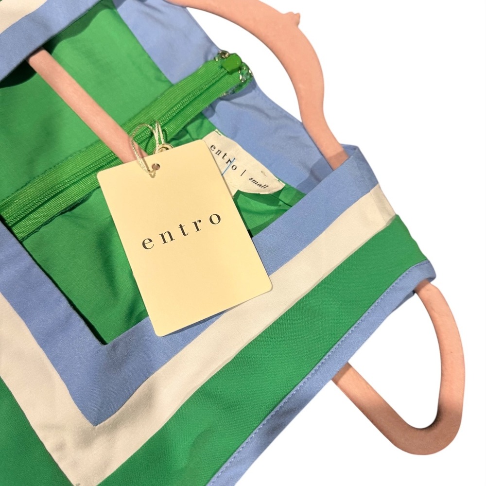 Entro Women Green Mod Shift Dress Square Neck Blue White Trim Sleeveless Small - Picture 4 of 5